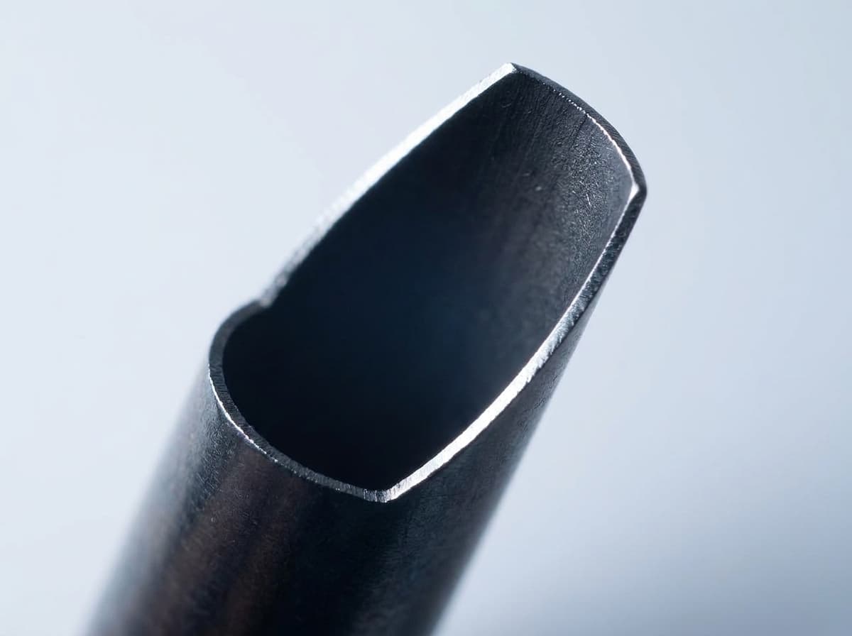 Makroaufnahme einer Objektivfassung: der gelaserte Anschnitt mit der dünnen Wand